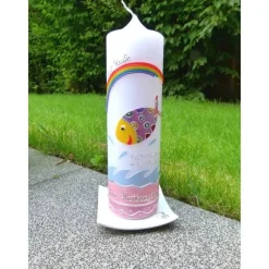 Kerze zur Taufe bunter Fisch inkl Beschriftung Wachsverzierungen keine Folie kein Druck