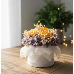 Kerzenblumenstrauß Lavendel & Orange | Rapswachs Rose Kerze | Lila Gelbe Deko Flowerbox | Veganes Geschenk