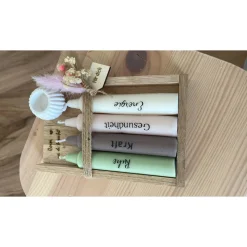 Kerzenset handgegossene Kerzen mit Holzhalter – Geschenk für Ruhe, Kraft, Gesundheit & Energie