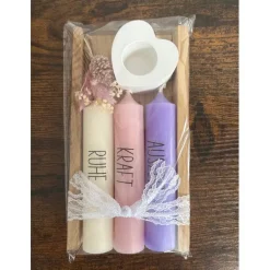 Kerzenset mit Botschaft – 3 Stabkerzen im Holzhalter – Geschenkidee für viele Anlässe