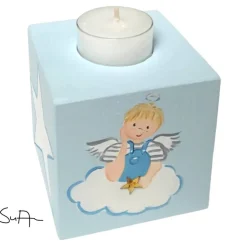 Kerzenwürfel/Teelichtwürfel aus Holz Schutzengel hellblau