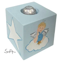 Kerzenwürfel/Teelichtwürfel aus Holz Schutzengel hellblau