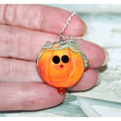 Kette, Silberkette, Künstlerperle, Anhänger, Glas Kürbis, Kürbis Anhänger