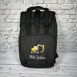 Kinder Rolltop Rucksack mit Bagger & Namen bestickt I personalisierte Kita-Tasche I Kindergartentasche für Jungen