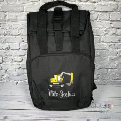 Kinder Rolltop Rucksack mit Bagger & Namen bestickt I personalisierte Kita-Tasche I Kindergartentasche für Jungen