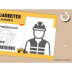 Kinderausweis Bauarbeiter für Kindergeburtstag Baustellenparty - Tolles Accessoire für kleine Bauarbeiter - Bastelvorlag