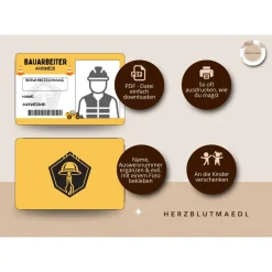Kinderausweis Bauarbeiter für Kindergeburtstag Baustellenparty - Tolles Accessoire für kleine Bauarbeiter - Bastelvorlag