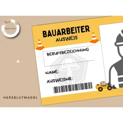 Kinderausweis Bauarbeiter für Kindergeburtstag Baustellenparty - Tolles Accessoire für kleine Bauarbeiter - Bastelvorlag