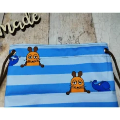 Kindergarten Turnbeutel Sendung mit der Maus blau– Softshell, 3 Größen, personalisierbar