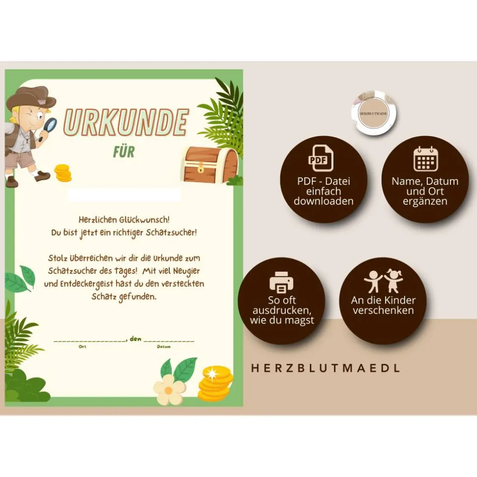 Kindergeburtstag Mitgebsel: Schatzsuche Urkunde A4 – Perfekte Belohnung für kleine Entdecker