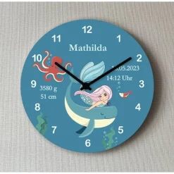 Kinderwanduhr Wal Meerjungfrau Mädchen Wanduhr personalisierte Uhr Baby Geburtsdaten