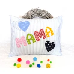 Kissen für Mama, Geburtstagsgeschenk, blaues Mamakissen mit Herzen, auch für Papa, Farbwünsche möglich, personalisierbar