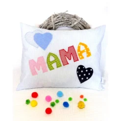 Kissen für Mama, Geburtstagsgeschenk, blaues Mamakissen mit Herzen, auch für Papa, Farbwünsche möglich, personalisierbar