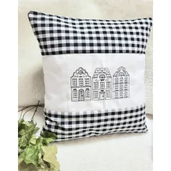 Kissen kariert, Holland Häuser Kissen, Dekokissen, Weihnachten, Motivkissen, mit Stickerei 40x40 cm,