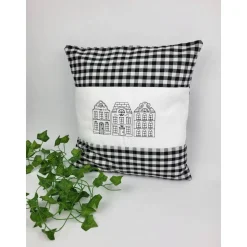 Kissen kariert, Holland Häuser Kissen, Dekokissen, Weihnachten, Motivkissen, mit Stickerei 40x40 cm,