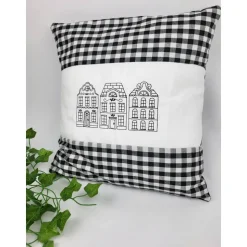 Kissen kariert, Holland Häuser Kissen, Dekokissen, Weihnachten, Motivkissen, mit Stickerei 40x40 cm,