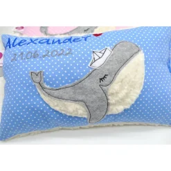 Kissen mit Namen, Wal Fisch Namenskissen Taufkissen Kuschelkissen Kindergartenkissen Geburtsgeschenk