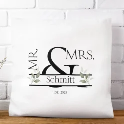 Kissenbezug 40x40 cm – personalisierbar mit Name & Datum, Hochzeitskissen Mr & Mrs., Geschenkidee für Paare