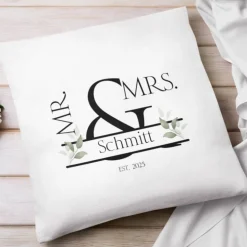 Kissenbezug 40x40 cm – personalisierbar mit Name & Datum, Hochzeitskissen Mr & Mrs., Geschenkidee für Paare