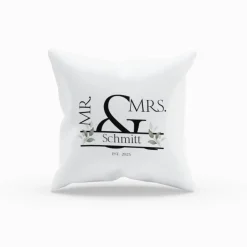 Kissenbezug 40x40 cm – personalisierbar mit Name & Datum, Hochzeitskissen Mr & Mrs., Geschenkidee für Paare