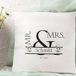 Kissenbezug 40x40 cm – personalisierbar mit Name & Datum, Hochzeitskissen Mr & Mrs., Geschenkidee für Paare