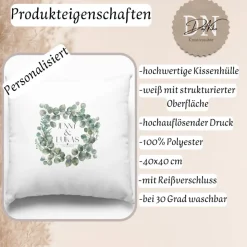 Kissenbezug 40x40 cm – personalisierbar mit Name & Datum, Hochzeitskissen, Geschenkidee für Paare