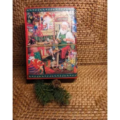Klappdeckelbox mit Serviettenmotiv " Weihnachtsmanns Werkstatt " goldene Aufschrift