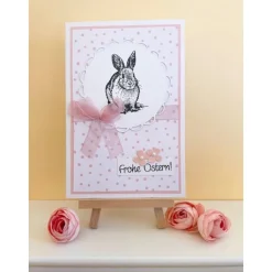 Klappkarte Ostern, Osterkarte, Hase mit Blüten und Schleife