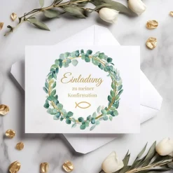 Klassische Konfirmationseinladungen mit Blätterkranz, Einladung zur Konfirmation, christliche Konfirmationskarte