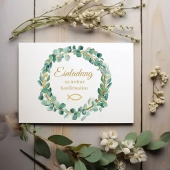 Klassische Konfirmationseinladungen mit Blätterkranz, Einladung zur Konfirmation, christliche Konfirmationskarte