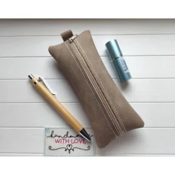 Kleine Stifte Tasche Wildleder Imitat, braunes Etui, Federmäppchen Schminktäschchen