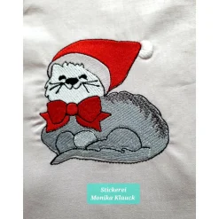 Kleine Stofftasche, mit Weihnachtskatze bestickt