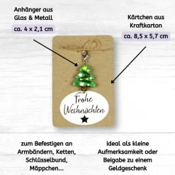 Kleines Weihnachtsgeschenk – Glas Tannenbaum Anhänger mit Karabiner auf Karte
