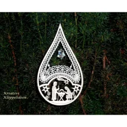 Klöppelbild Handgeklöppeltes Fensterbild mit Motiv Krippe