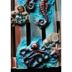 Künstlerische Wanddekoration OCTOPUS & SEEPFERDCHEN Maritime Deko auf einer Mini-Palette aus Holz Wandbild