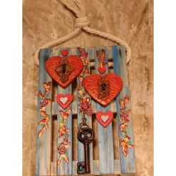 Künstlerische Wanddekoration HERZERL & SCHLÜSSEL rustikale Deko auf einer Mini-Palette aus Holz Geldgeschenk