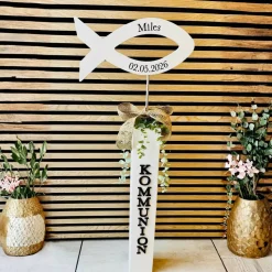 Kommunion Deko Fisch-Aufsteller Holz - Stele Fisch - Fisch Konfirmation Firmung Taufe - Aufsteller Tür - handgefertigt