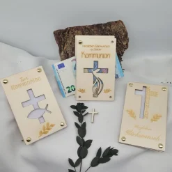 Kommunion Geldkarte Holz Geschenk Karte Kreuz Fisch Taube Gutscheinkarte Glückwunschkarte
