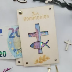 Kommunion Geldkarte Holz Geschenk Karte Kreuz Fisch Taube Gutscheinkarte Glückwunschkarte