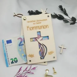 Kommunion Geldkarte Holz Geschenk Karte Kreuz Fisch Taube Gutscheinkarte Glückwunschkarte