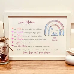 Kommunion Geschenk für Mädchen personalisiert – Geldgeschenk Bild mit Namen & Regenbogen