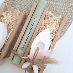 Kommunion Kommunionsgeschenk Kerzenhalter Fisch Geschenkset für Jungen und Mädchen Kommunionskerze Kerzenset Stabkerze