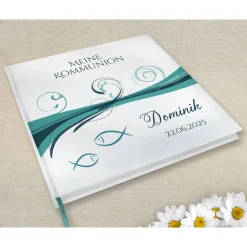 Kommunionbuch mit Fischen und Wellen in Türkis / Meerblau zum Ausfüllen mit Fragen oder Blanko personalisiert