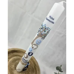 Kommunionkerze Baum in Blautönen mit christlichen Symbolen