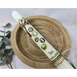 Kommunionkerze Baum in Olive-Braun mit christlichen Symbolen