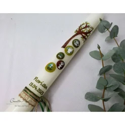 Kommunionkerze Baum in Olive-Braun mit christlichen Symbolen