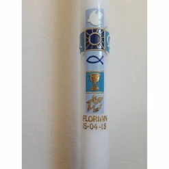 Kommunionkerze blau , Kreuz , modern , mit Kelch, gold