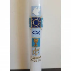 Kommunionkerze blau , Kreuz , modern , mit Kelch, gold