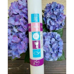 Kommunionkerze blau, beere für Mädchen