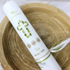 Kommunionkerze Blätterkreuz mit Gold und Grüntönen